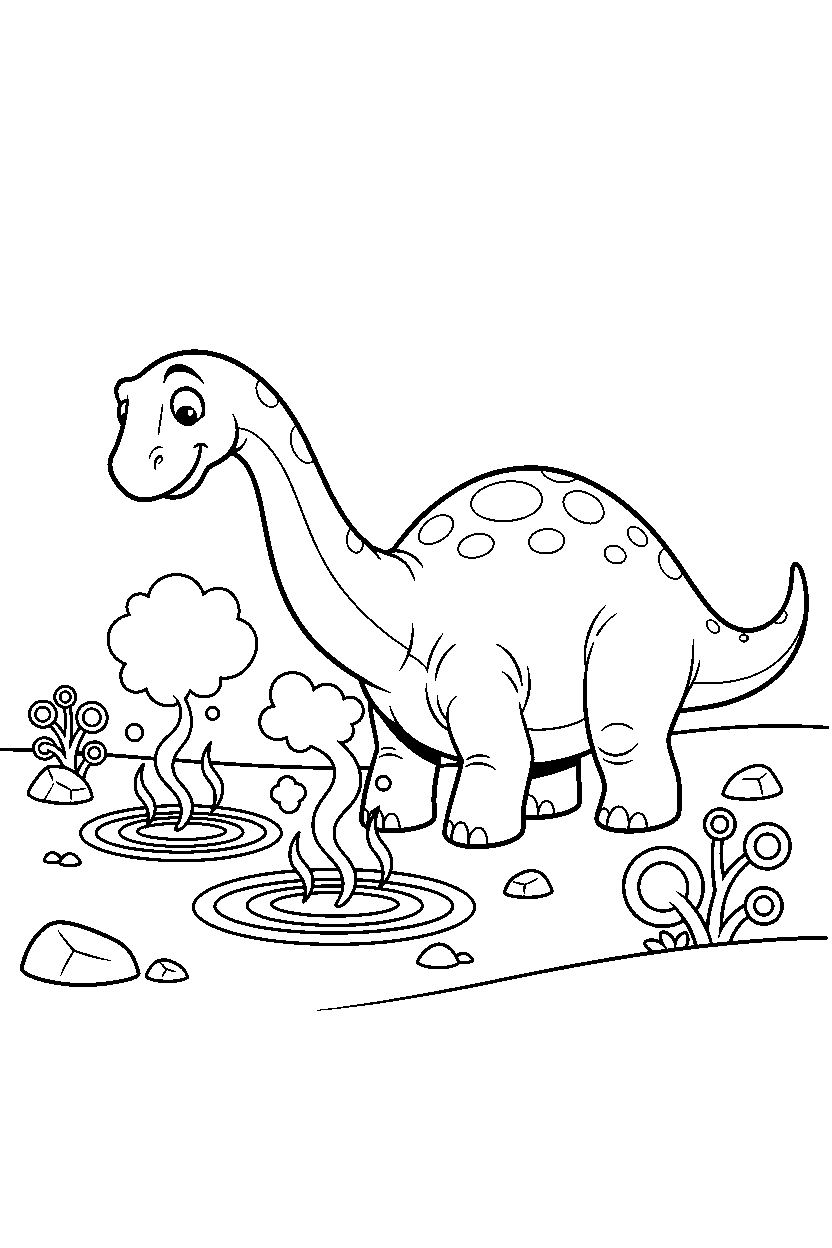 argentinosaurus dinosaur exploring curiously near hot springs line art