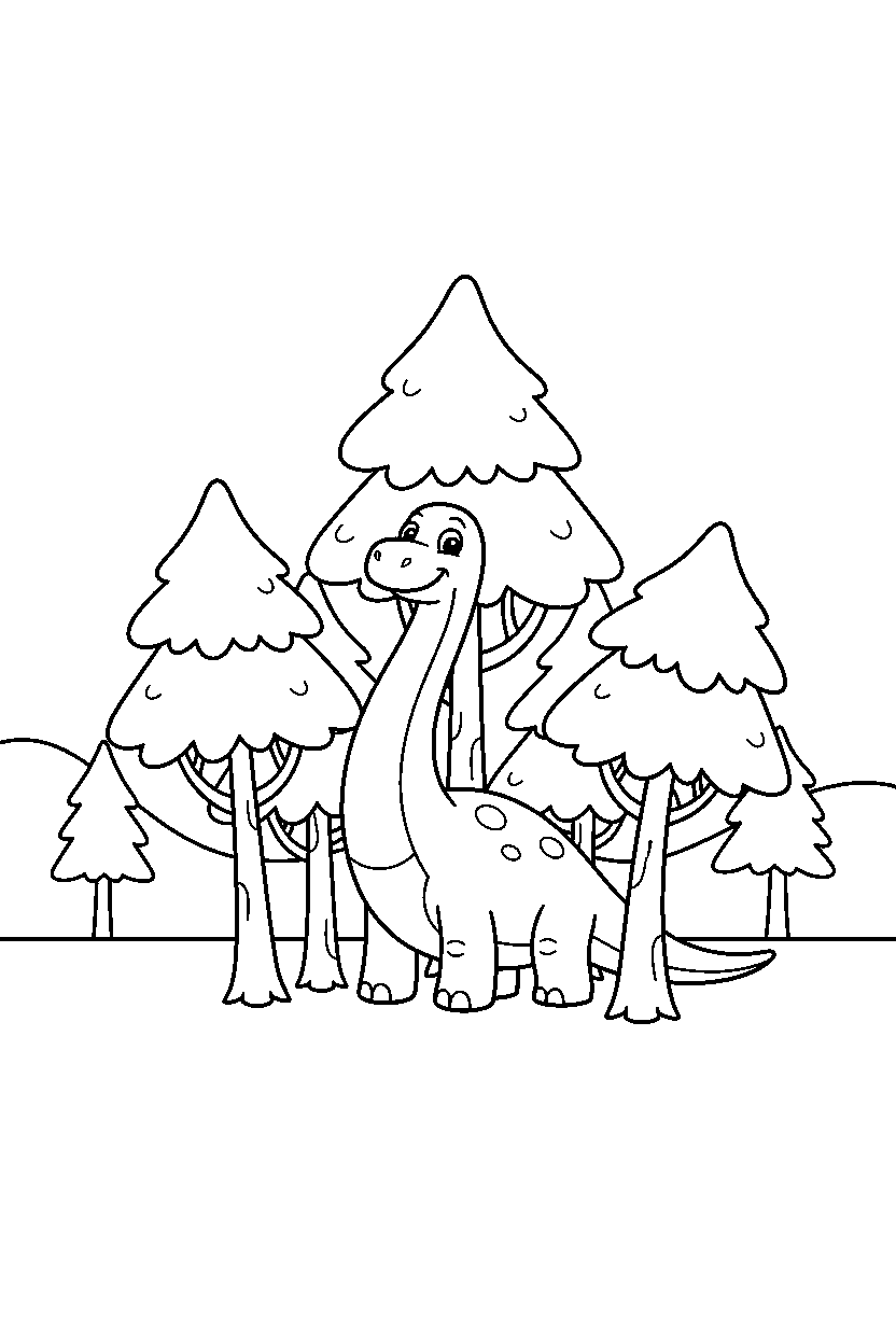 argentinosaurus dinosaur hiding playfully in a pine forest line art