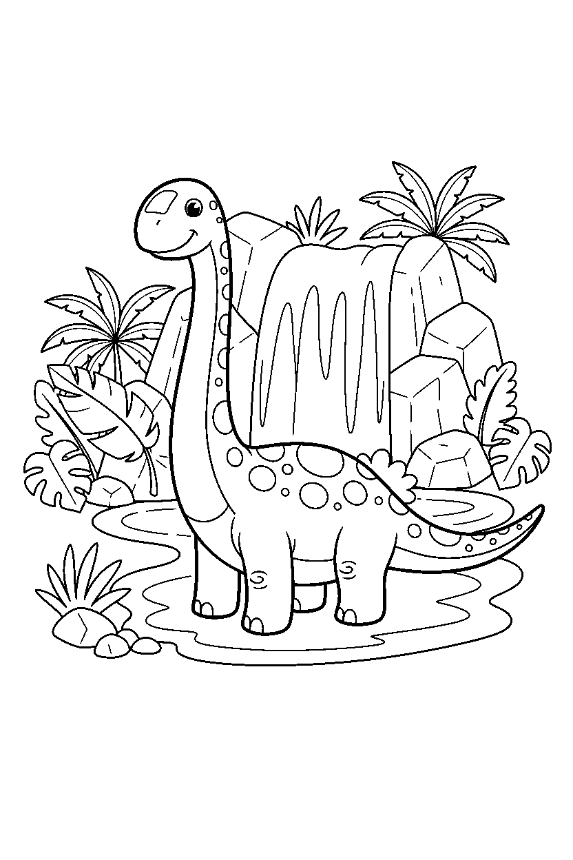 argentinosaurus dinosaur holding a leaf near a waterfall line art