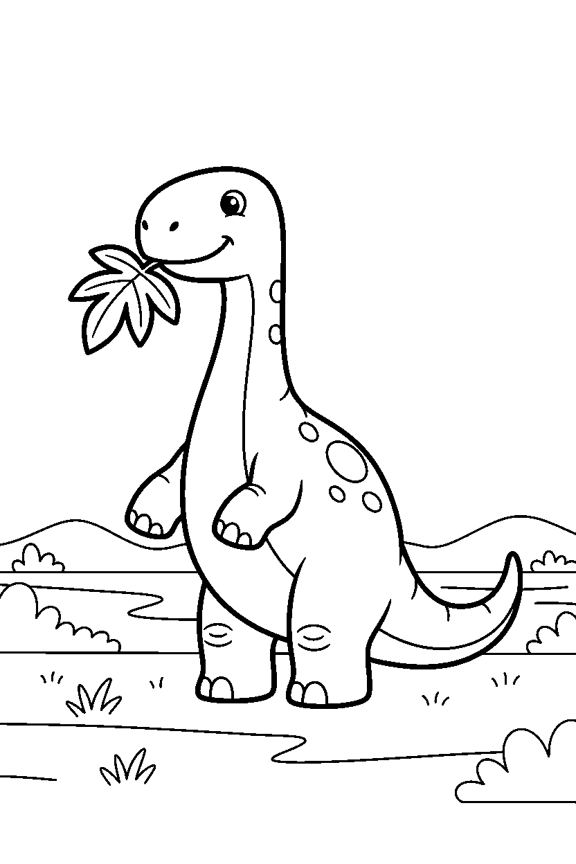argentinosaurus dinosaur holding a leaf on a wide grassland line art
