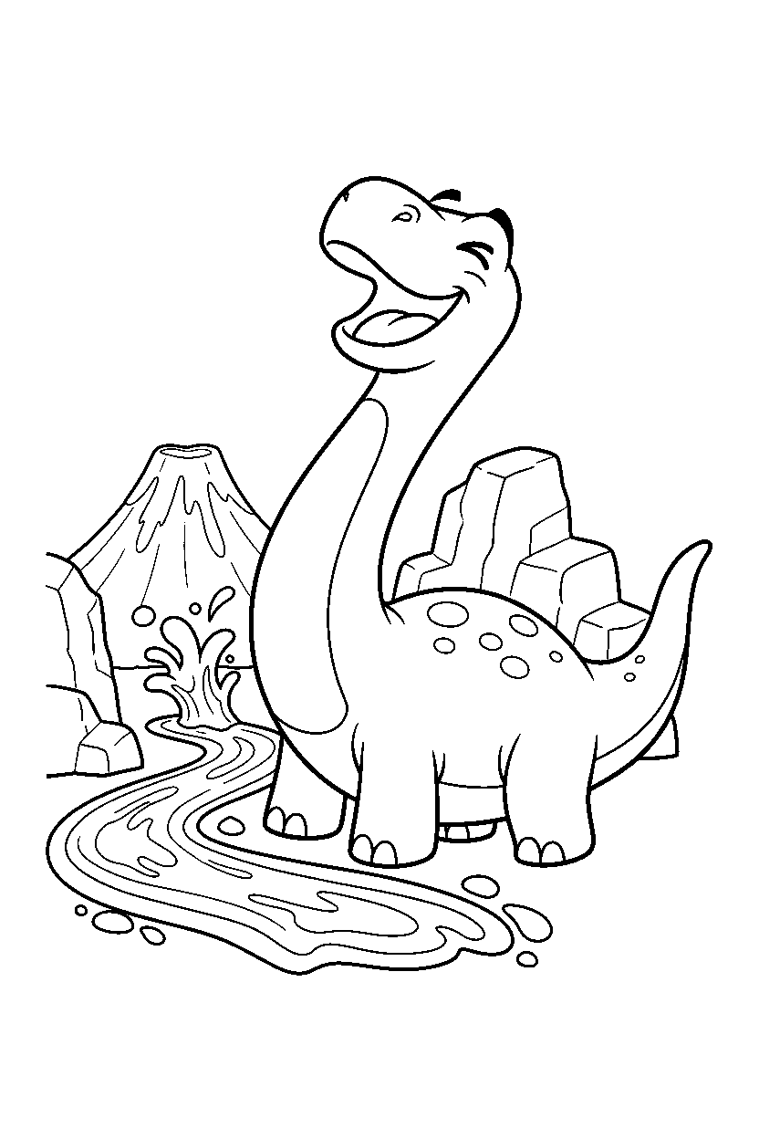 argentinosaurus dinosaur laughing playfully near a lava stream line art