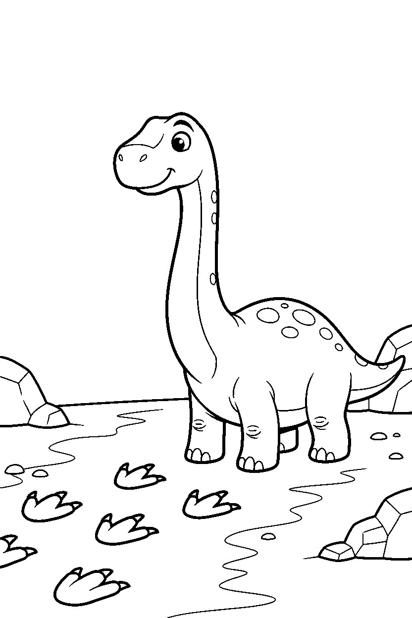 argentinosaurus dinosaur looking around curiously near dinosaur footprints line art
