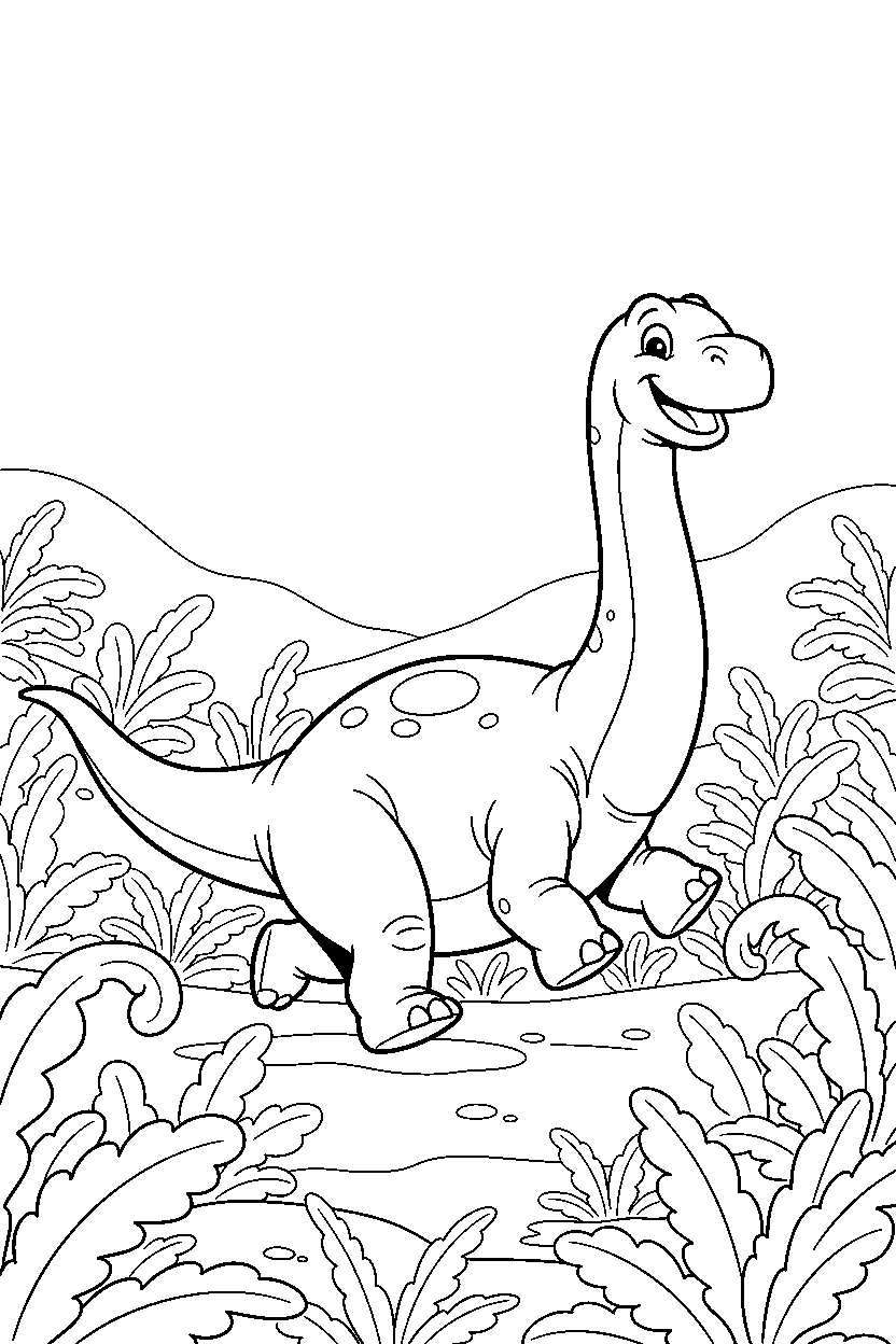 argentinosaurus dinosaur running happily inside a fern valley line art