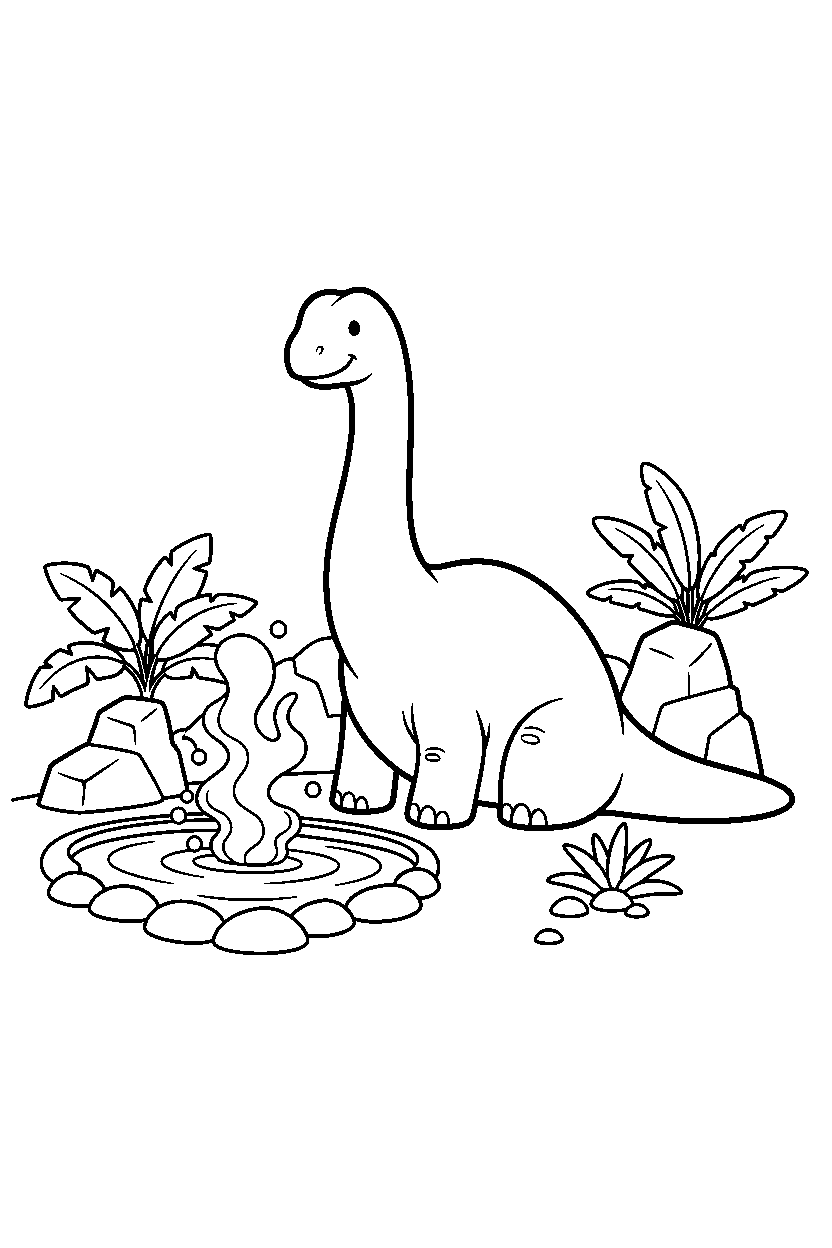 argentinosaurus dinosaur sitting calmly near hot springs line art