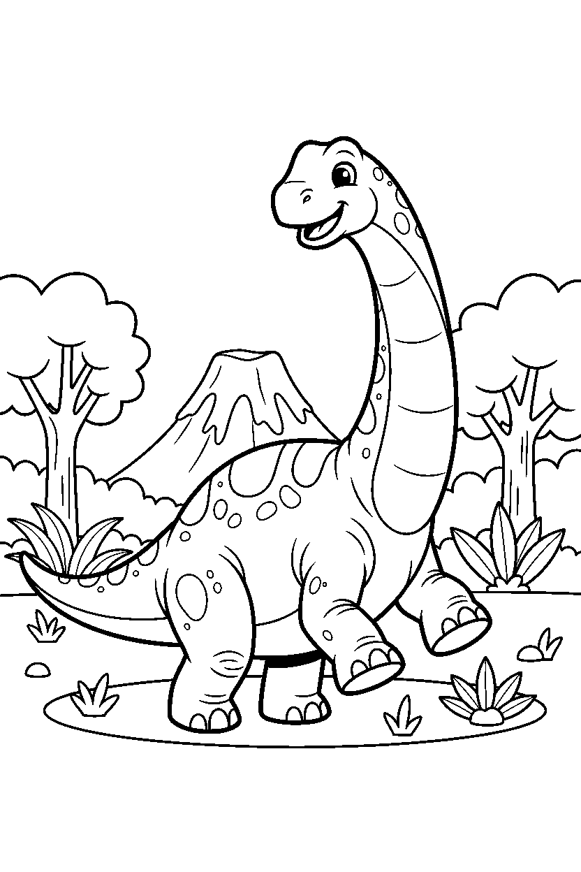 argentinosaurus dinosaur stomping playfully in a prehistoric jungle line art
