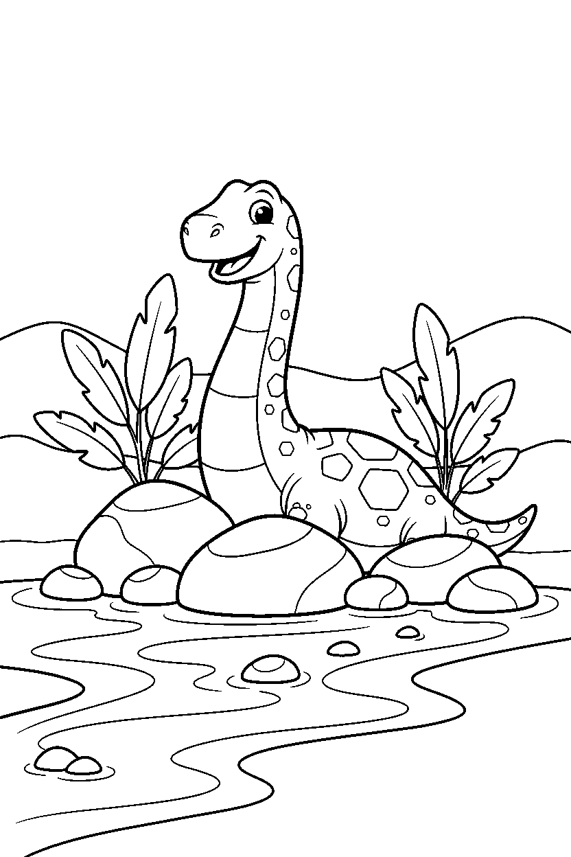 argentinosaurus hiding playfully beside a shallow stream line art