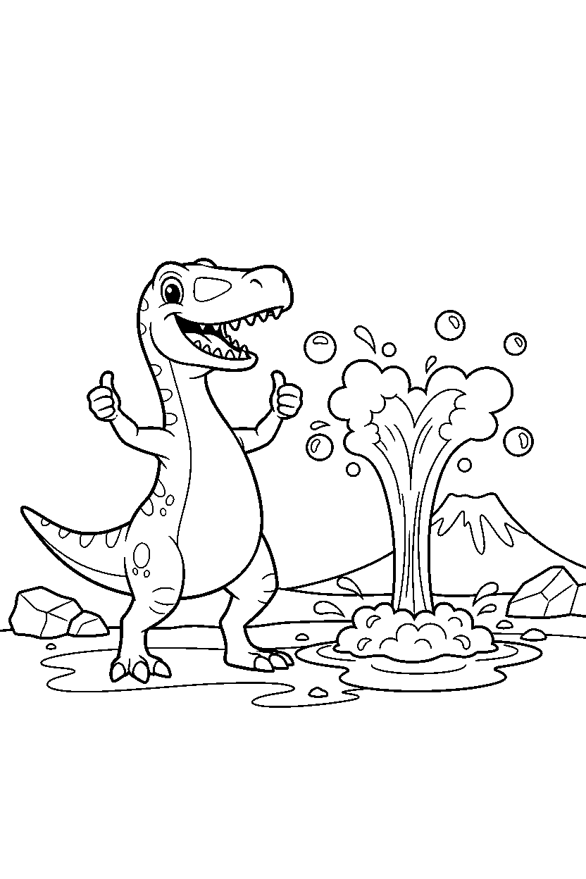 baryonyx cheering happily near a bubbling geyser line art