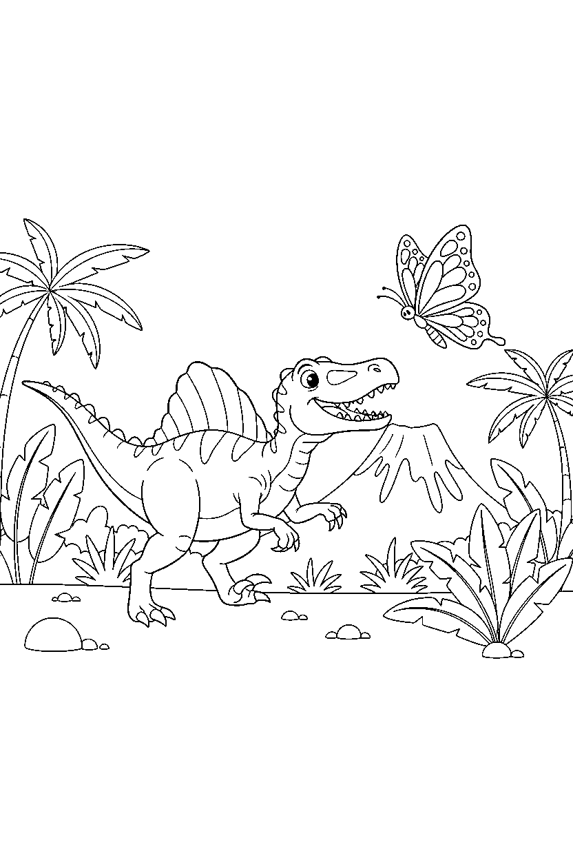 baryonyx dinosaur chasing a butterfly near a jungle clearing line art