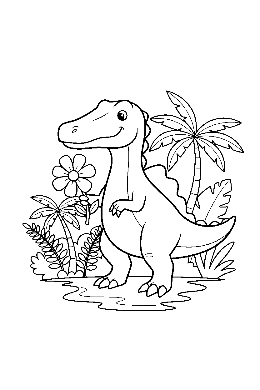 baryonyx dinosaur holding a flower in a rainforest line art