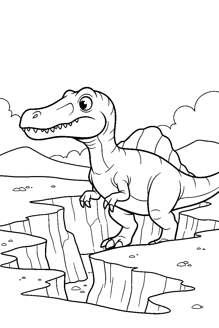 baryonyx dinosaur looking around curiously near a rocky canyon line art