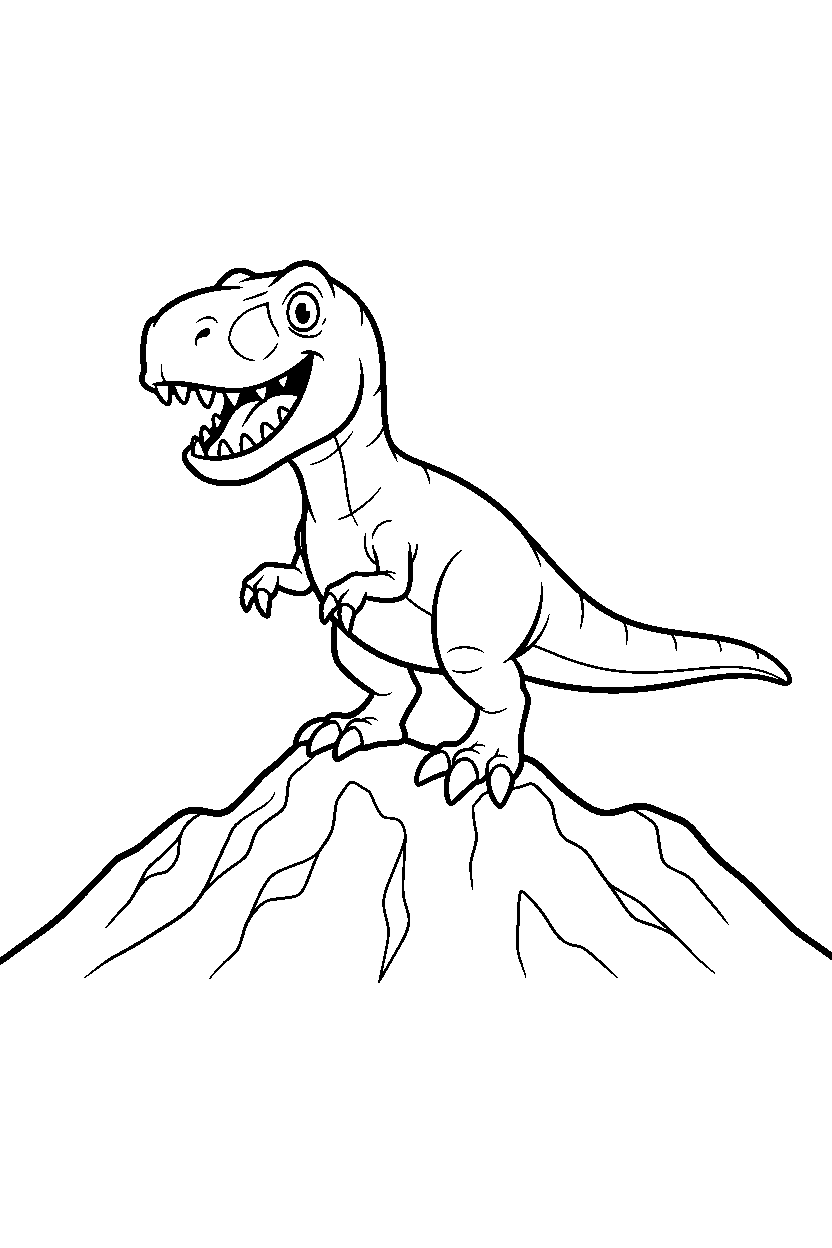 baryonyx dinosaur smiling happily on a rocky mountain line art