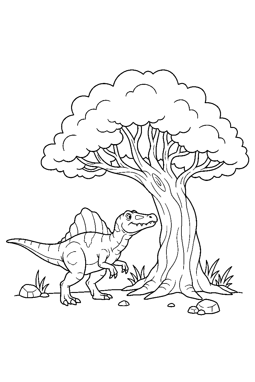baryonyx dinosaur wandering curiously near a big tree line art