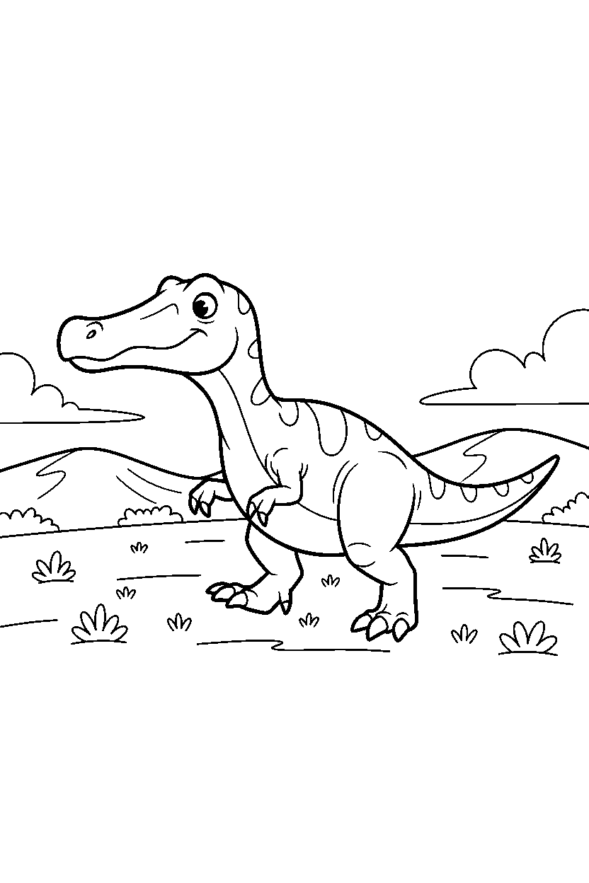 baryonyx dinosaur wandering curiously on a wide grassland line art