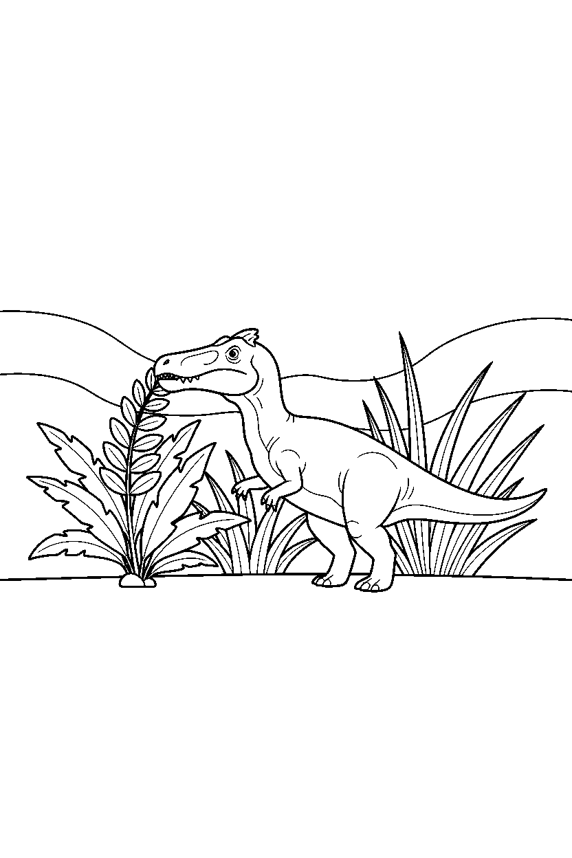 baryonyx eating a plant near tall grasses line art