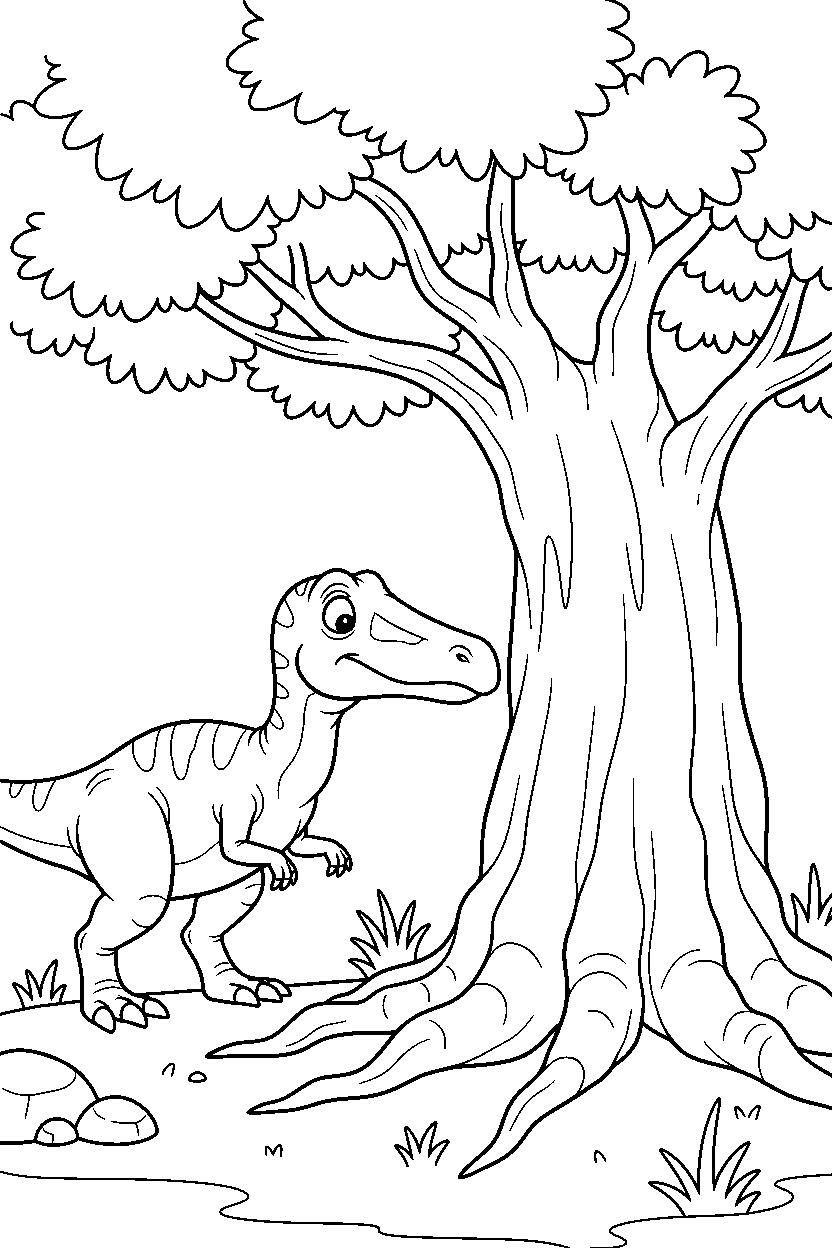 baryonyx exploring curiously near a big tree line art