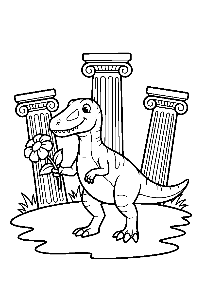 baryonyx holding a flower near ancient stone pillars line art