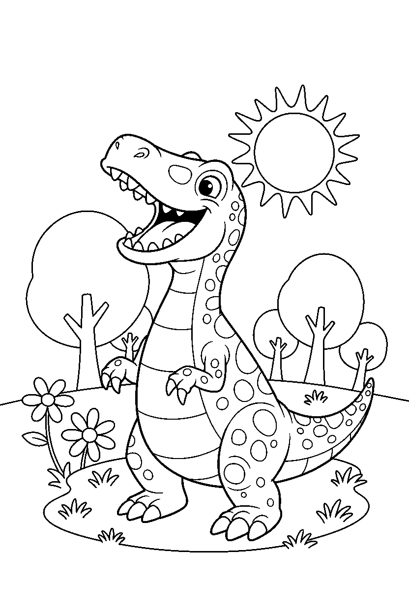 baryonyx laughing playfully in a sunny meadow line art
