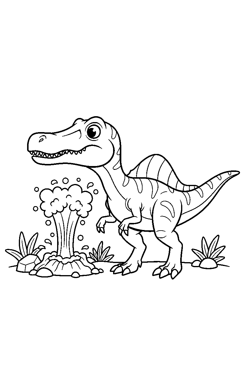 baryonyx looking around curiously near a bubbling geyser line art