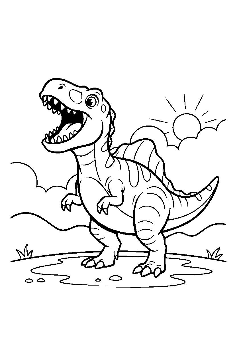 baryonyx roaring playfully on a grassy plain line art