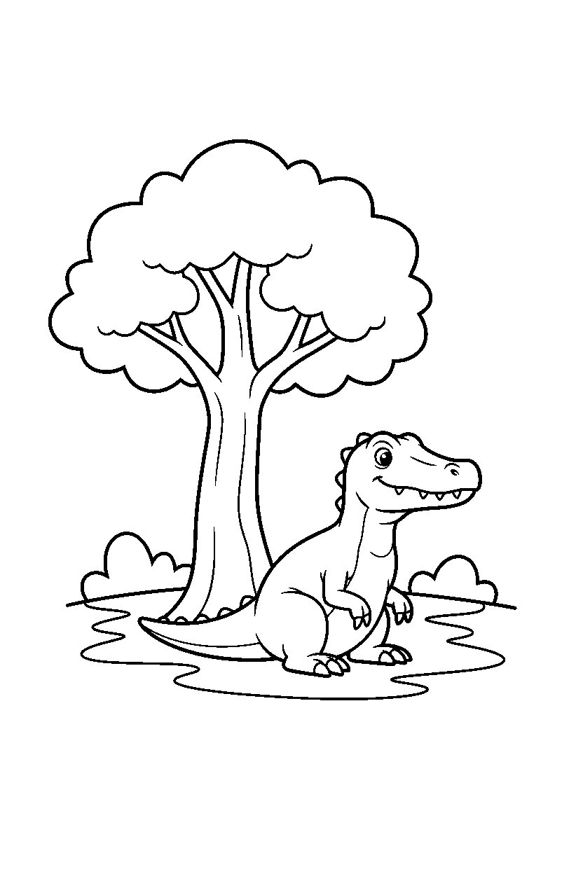 baryonyx sitting calmly near a big tree line art