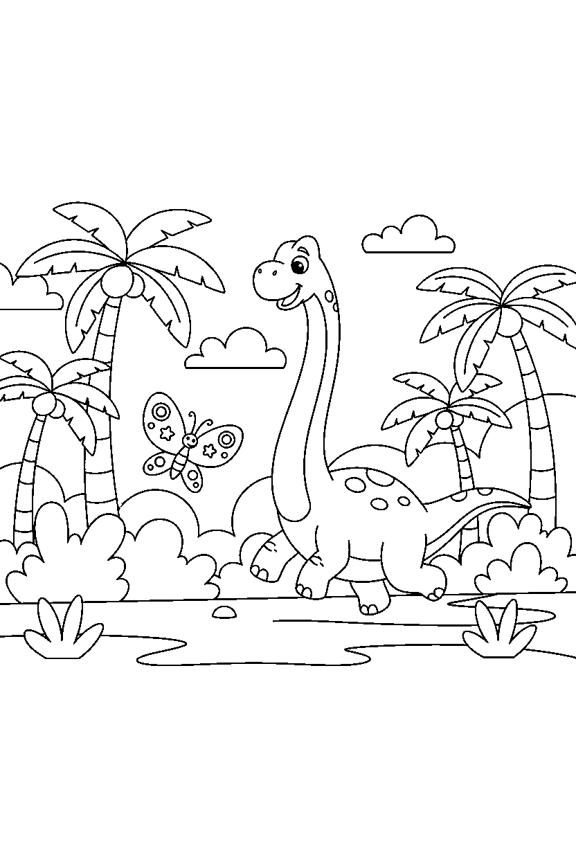 brachiosaurus chasing a butterfly in a palm grove line art