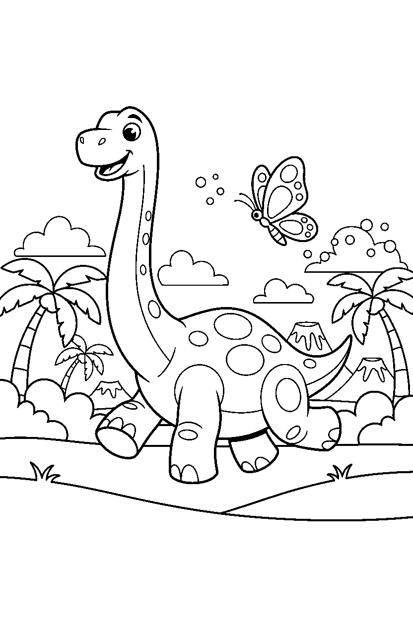 brachiosaurus chasing a butterfly in a warm prehistoric valley line art