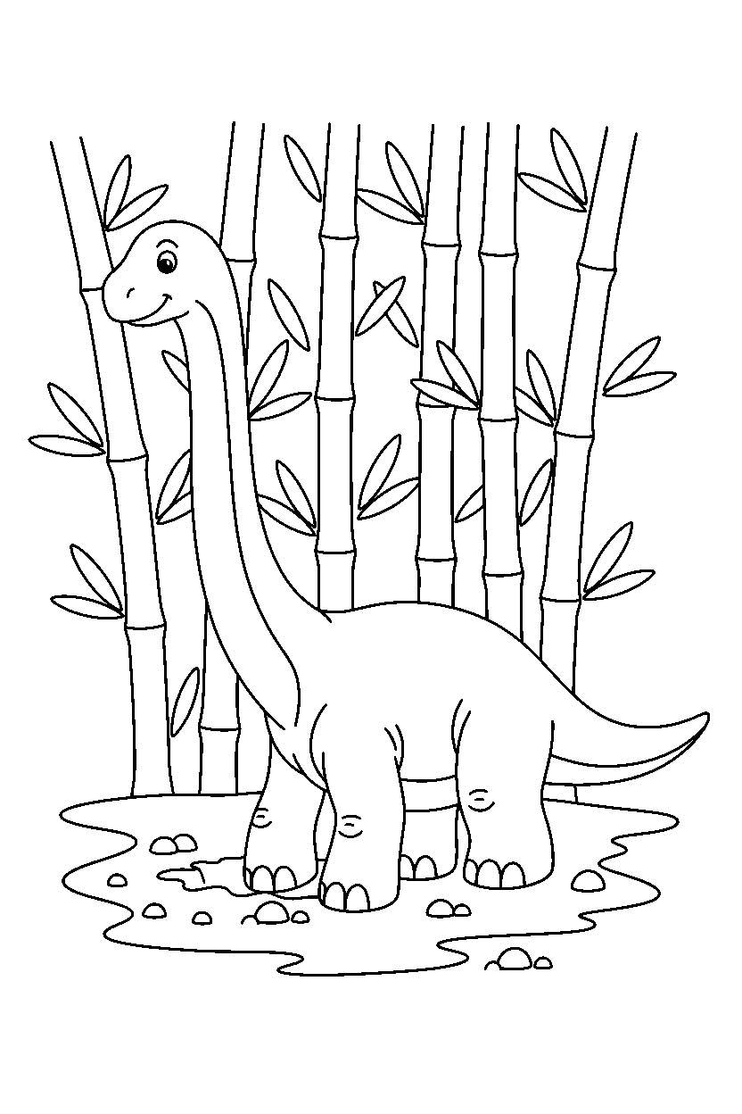 brachiosaurus digging the ground in a bamboo forest line art