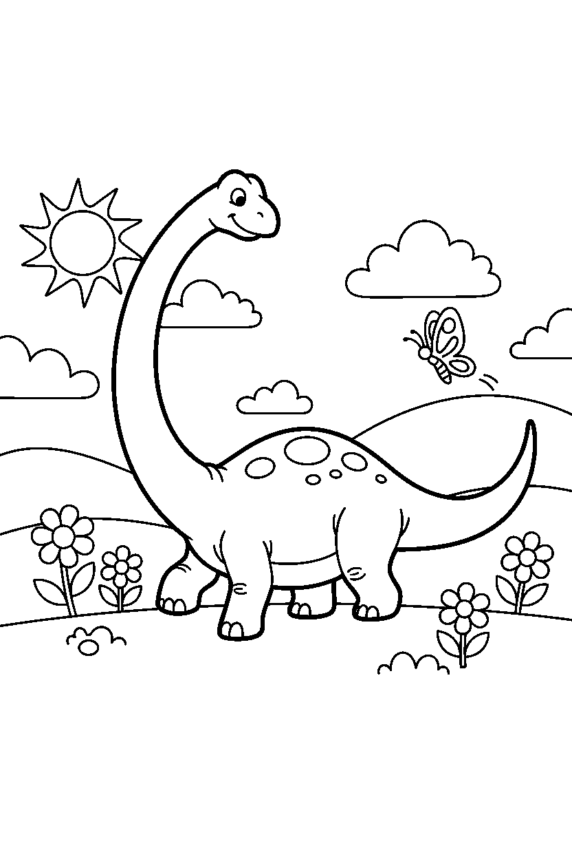 brachiosaurus dinosaur chasing a butterfly in a sunny meadow line art