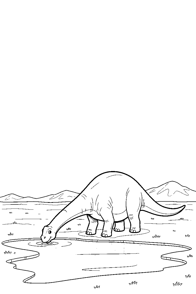 brachiosaurus dinosaur drinking water on a wide grassland line art