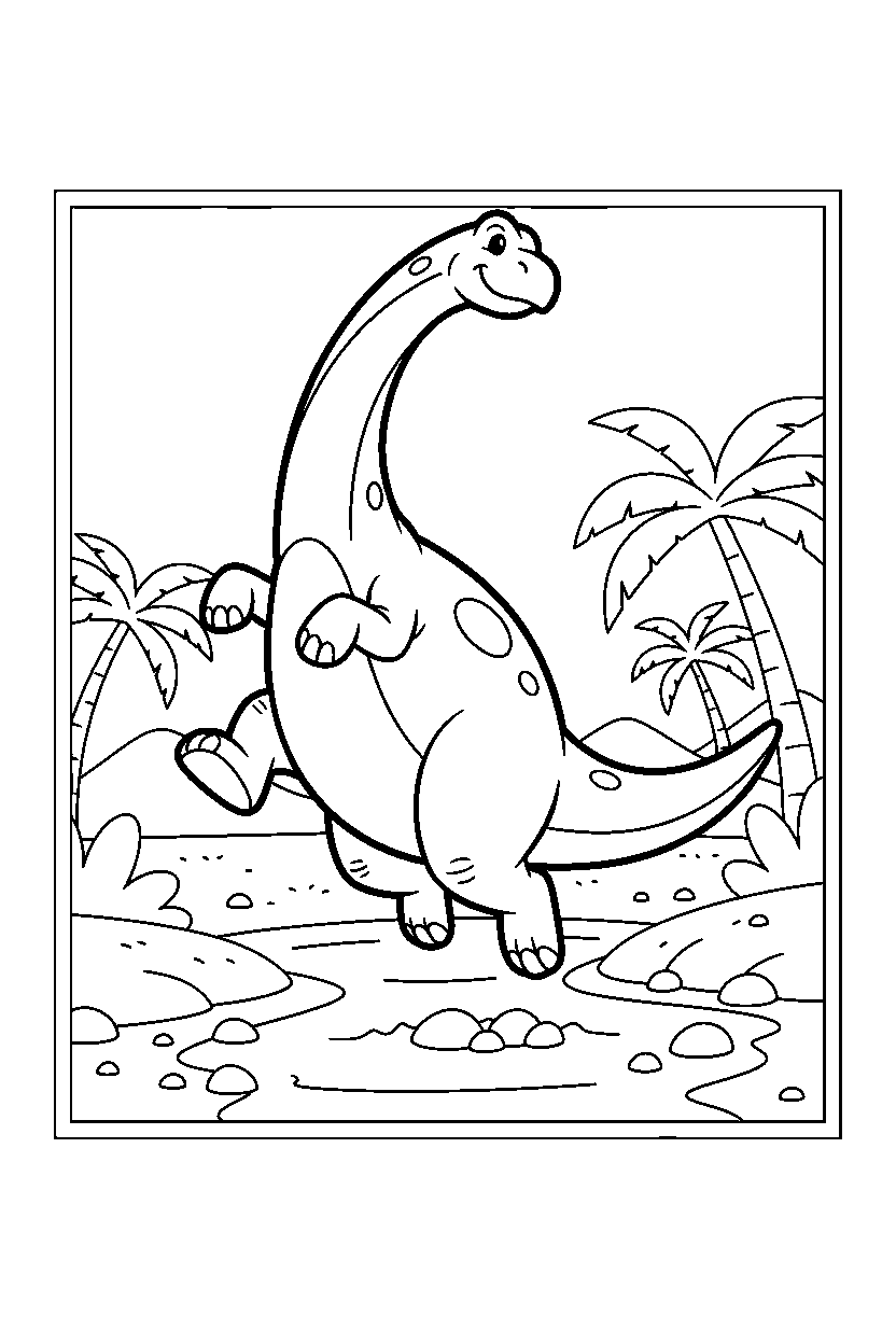 brachiosaurus dinosaur jumping playfully beside a shallow stream line art