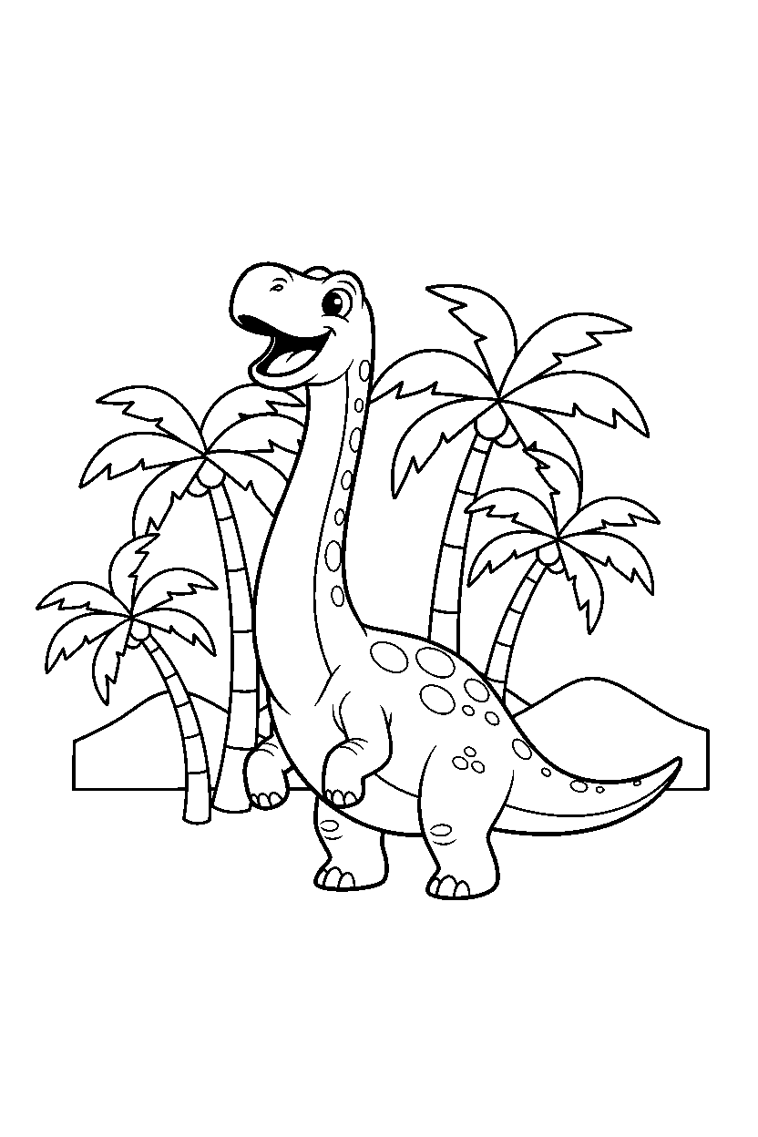 brachiosaurus dinosaur roaring happily in a palm grove line art