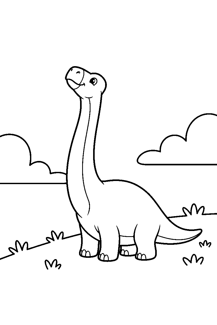 brachiosaurus dinosaur sniffing the air near a grassy hill line art
