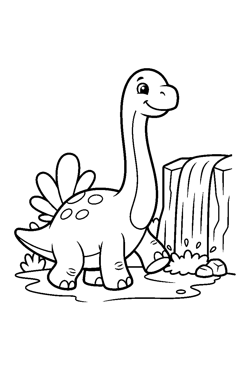 brachiosaurus dinosaur stomping playfully near a waterfall line art