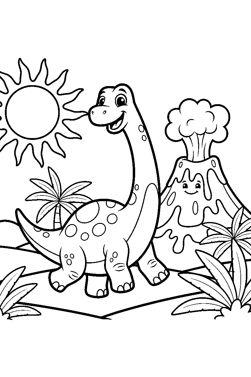 brachiosaurus dinosaur walking happily near a volcano line art