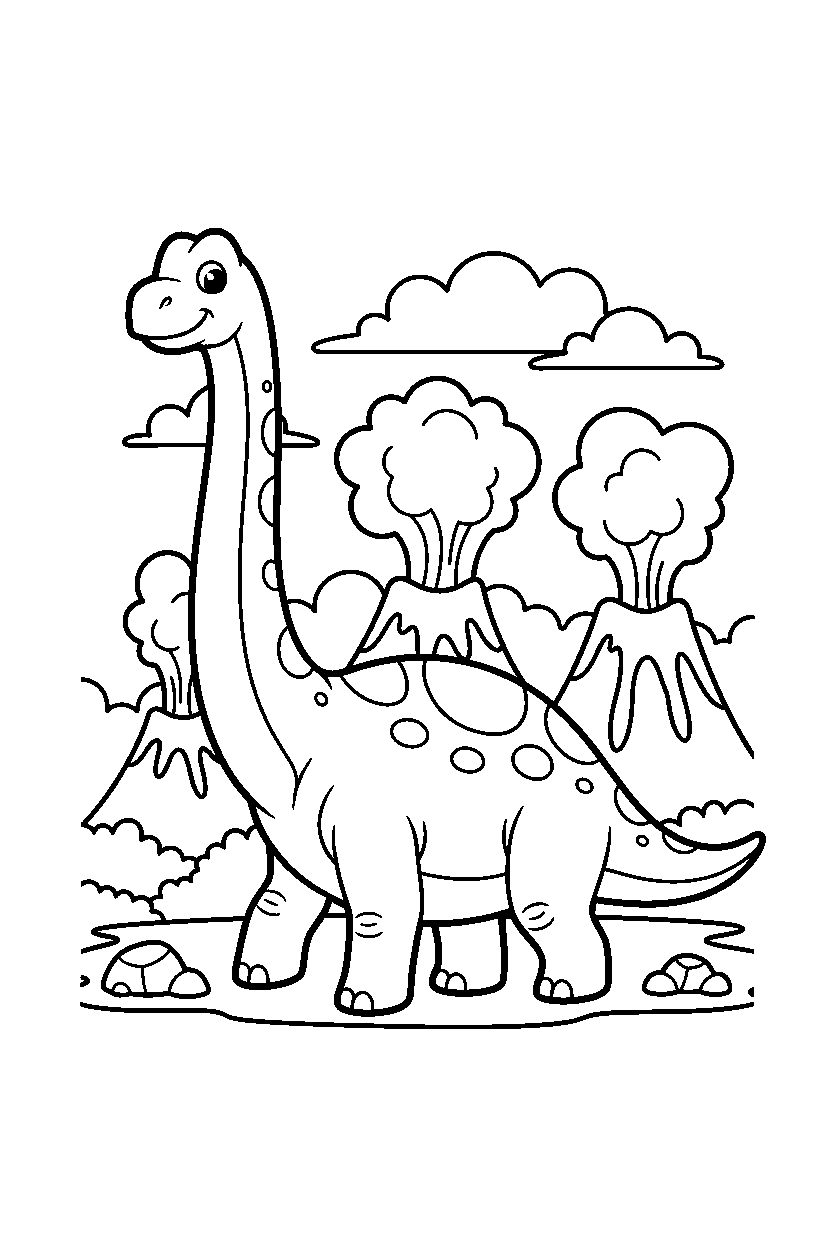 brachiosaurus dinosaur walking proudly near a volcanic field line art