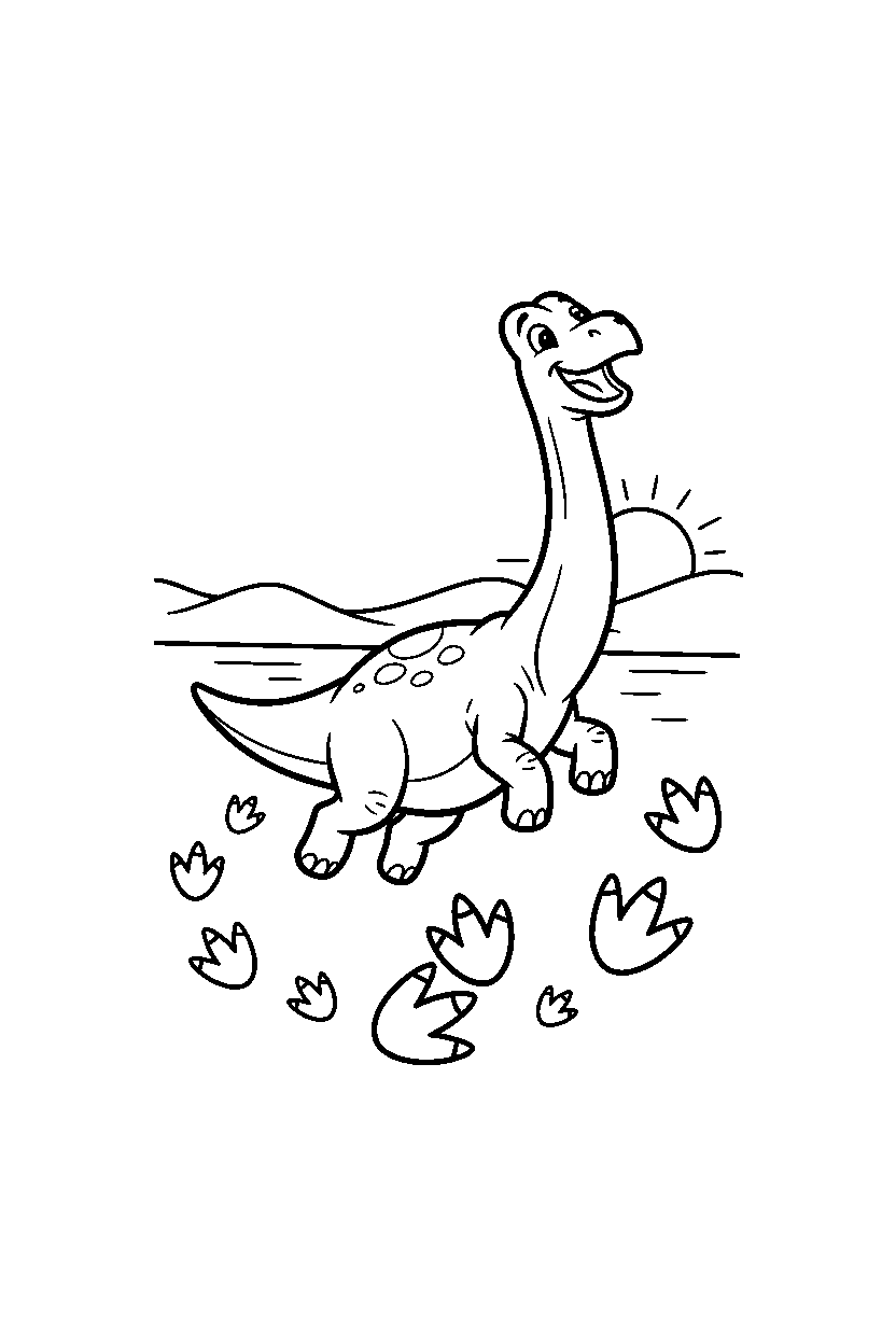 brachiosaurus jumping playfully near dinosaur footprints line art