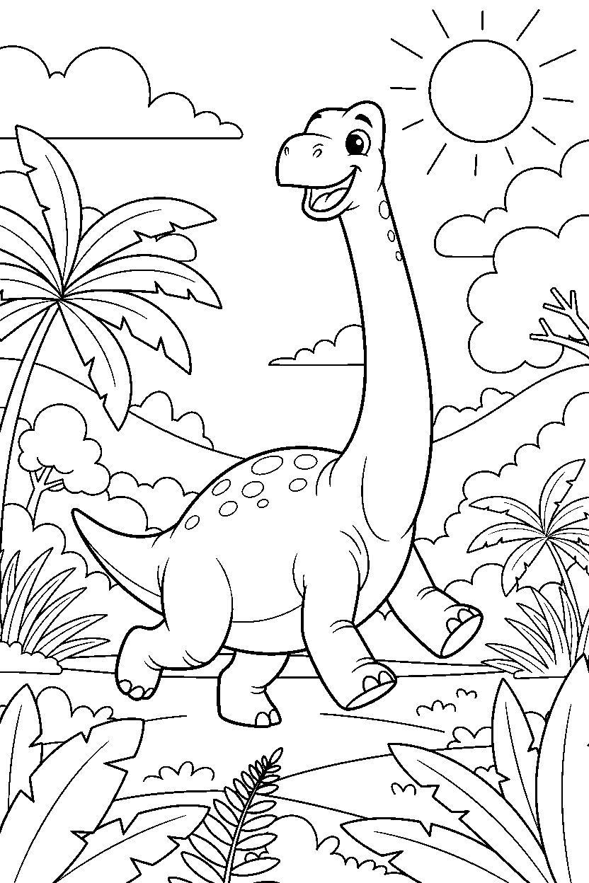 brachiosaurus running happily in a lush valley line art