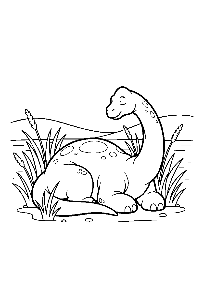 brachiosaurus sleeping peacefully near tall grasses line art