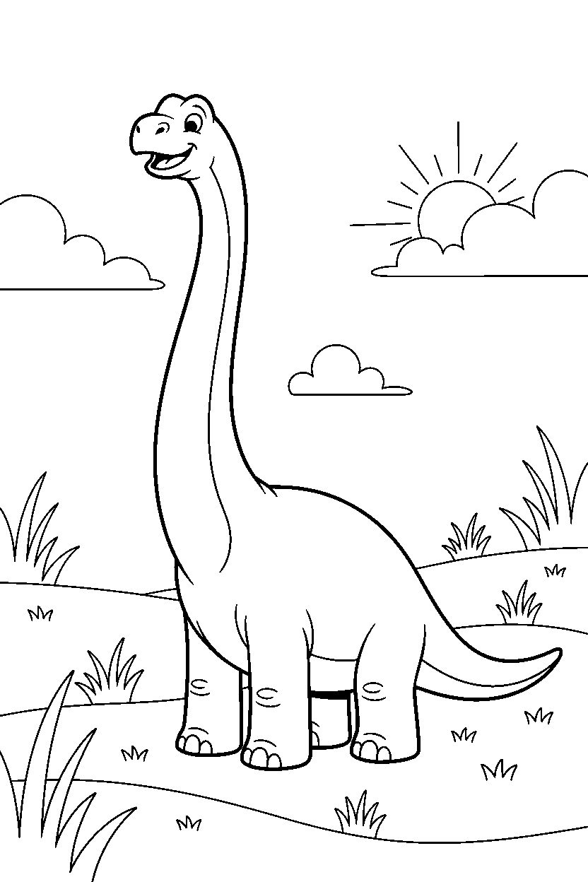 brachiosaurus sniffing the air on a grassy plain line art