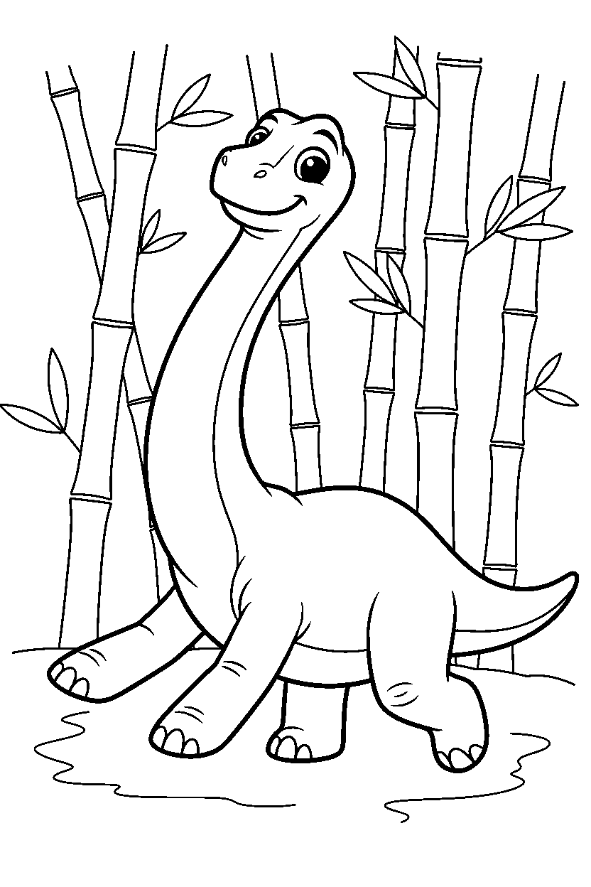 brachiosaurus stretching playfully in a bamboo forest line art