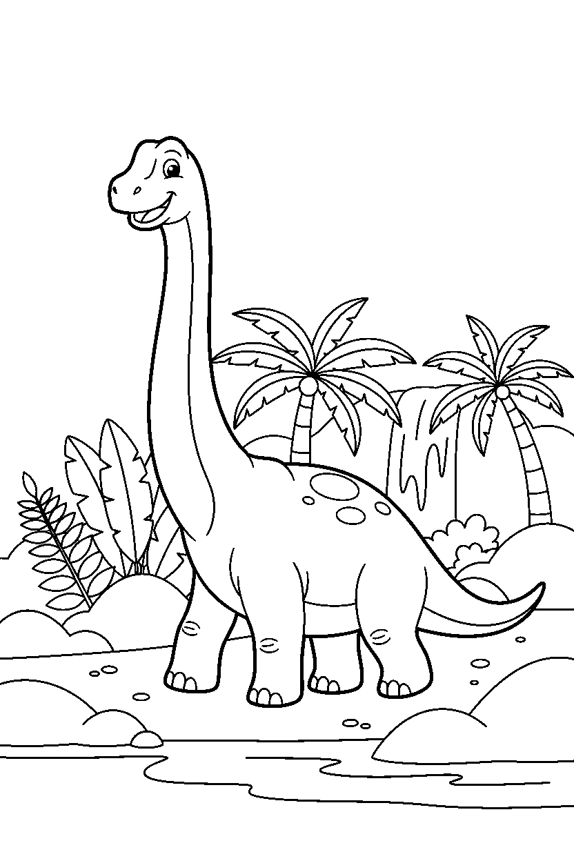 brachiosaurus walking proudly in a rainforest line art