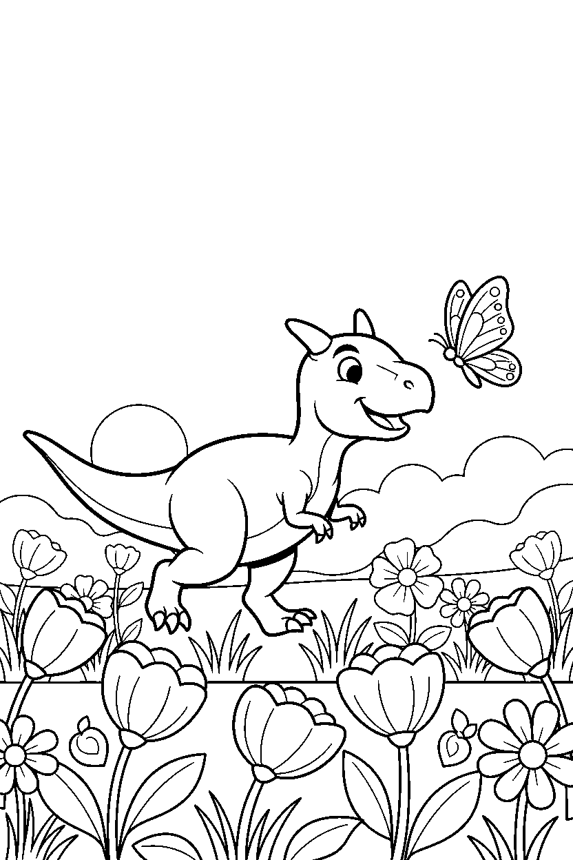 carnotaurus chasing a butterfly in a flower field line art