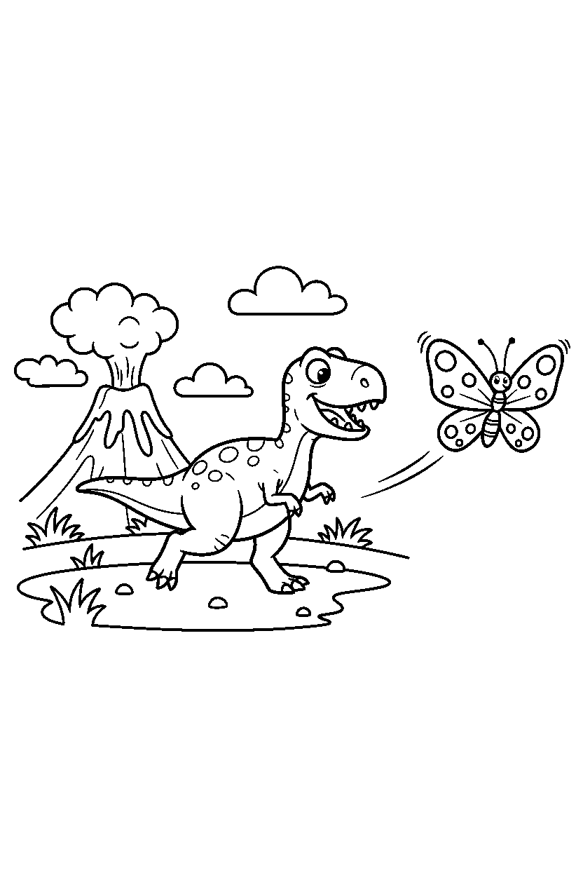 carnotaurus chasing a butterfly near a volcano line art