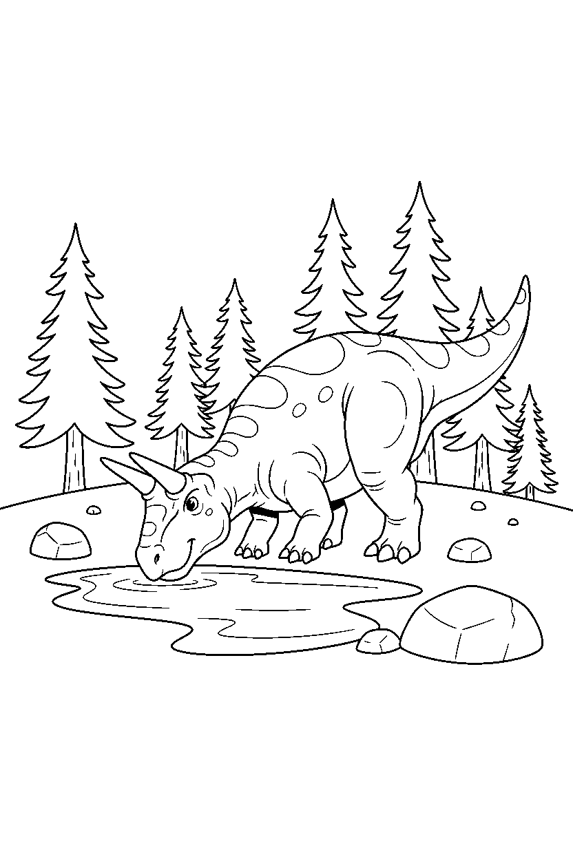 carnotaurus dinosaur drinking water in a pine forest line art