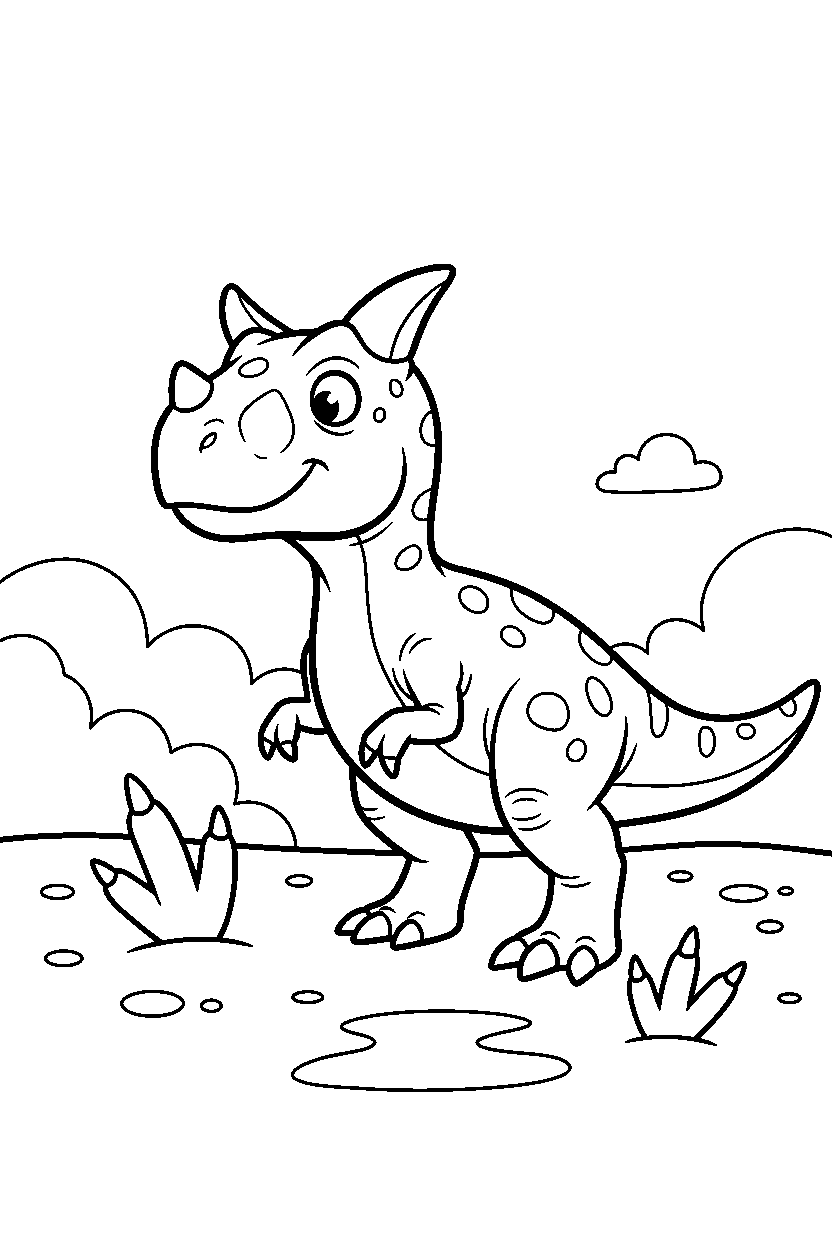 carnotaurus dinosaur looking around curiously near dinosaur footprints line art