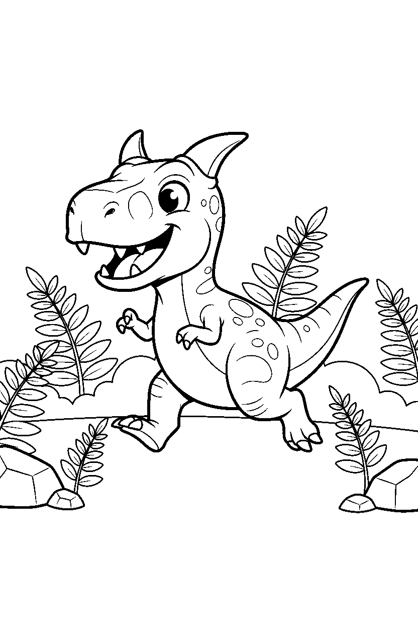 carnotaurus dinosaur running happily in a fern forest line art
