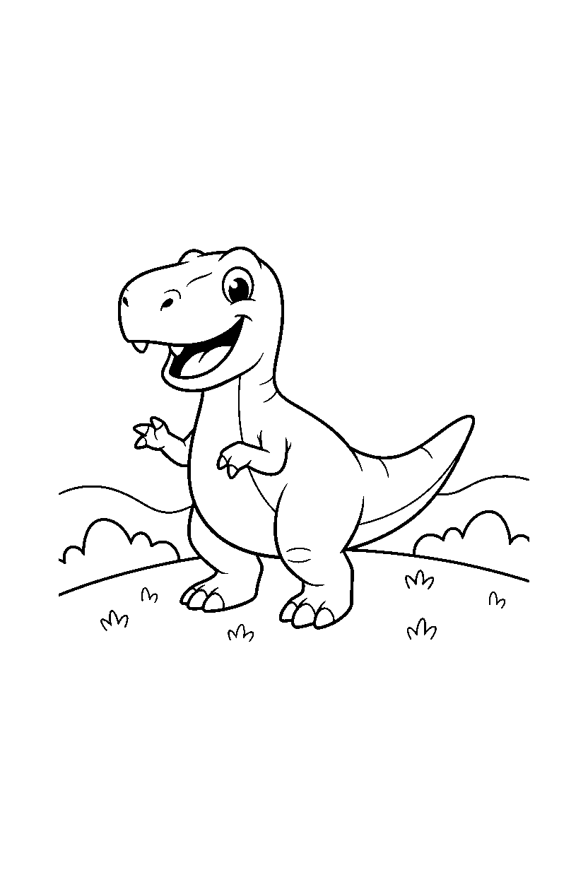 carnotaurus dinosaur smiling happily near a grassy hill line art