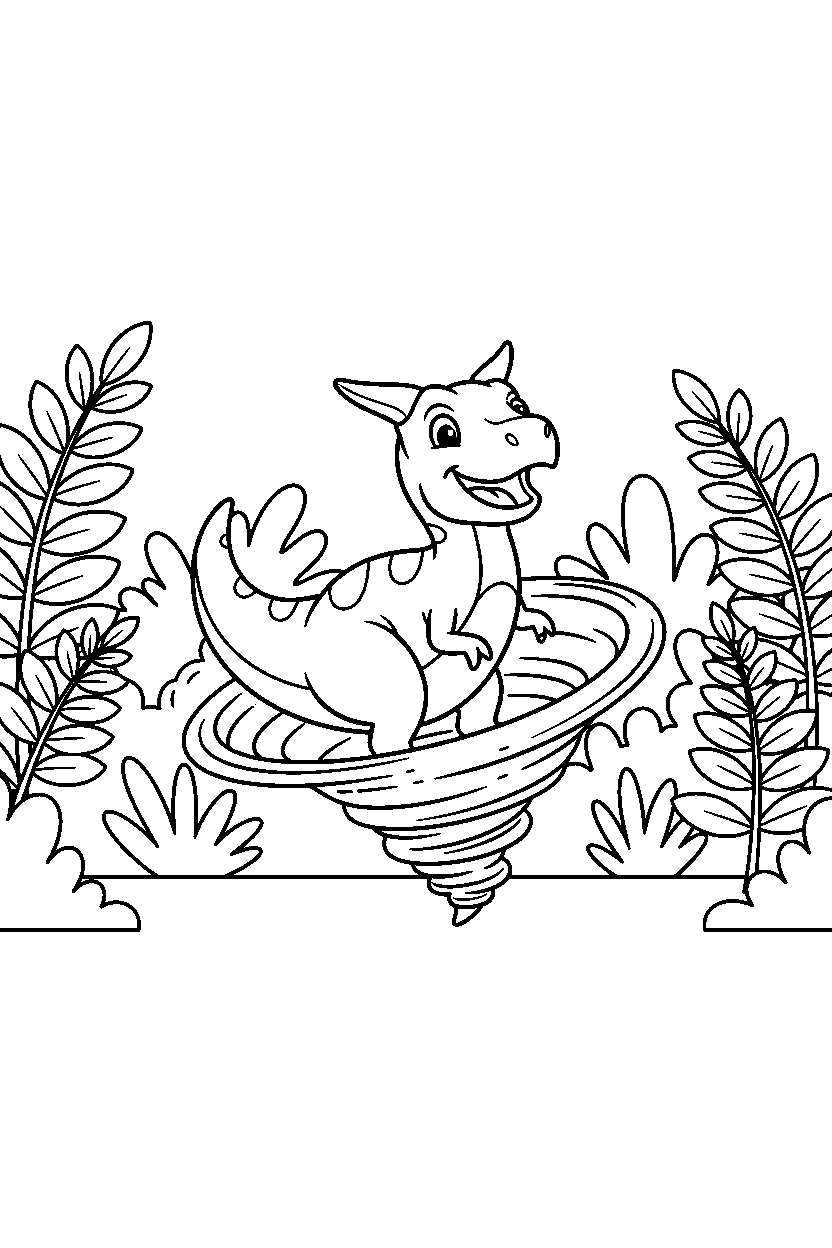 carnotaurus dinosaur spinning playfully inside a fern valley line art