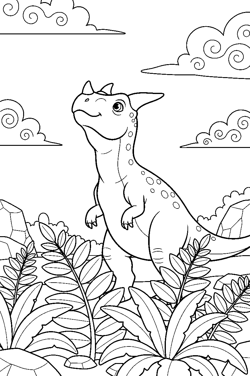 carnotaurus dinosaur watching the sky under giant ferns line art