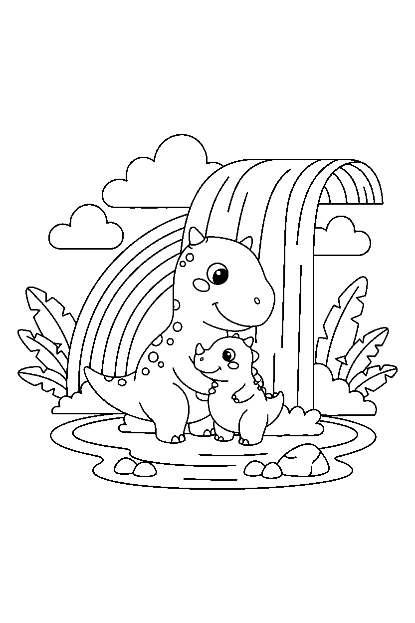 carnotaurus hugging a baby dino near a rainbow waterfall line art
